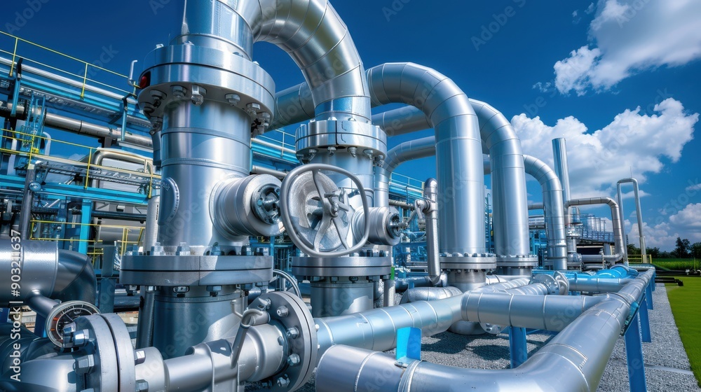 A large industrial pipe system with many valves and pipes A large industrial pipe system with many valves and pipes
