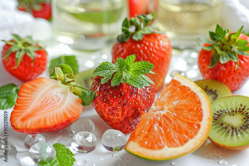 Bottles of blackberry essential oil with fresh berriesle background