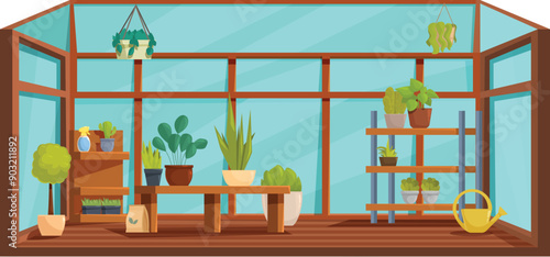 Plants growing in pots on shelves and wooden table in greenhouse interior with glass walls