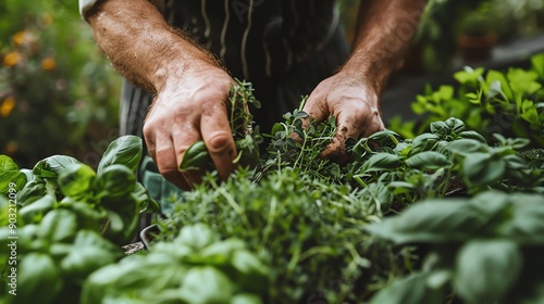 A gardener is harvesting fresh herbs from a rooftop garden.