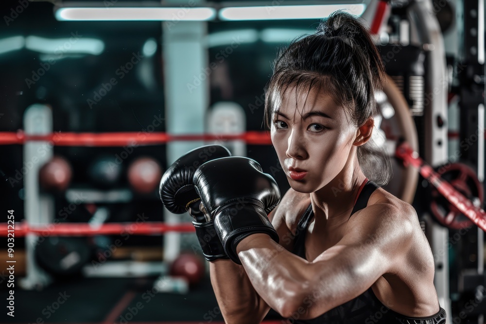 Determined Asian female Muay Thai boxer ready for challenge Determined Asian female Muay Thai boxer ready for challenge