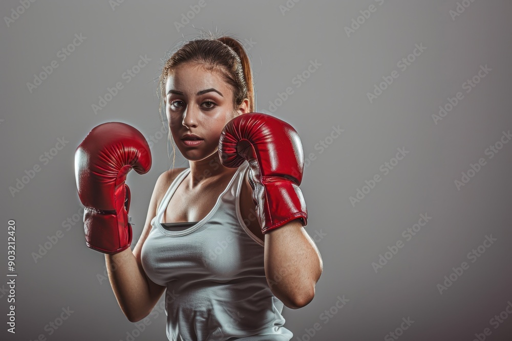 Young woman boxing in gloves on gray background. Young woman boxing in gloves on gray background.