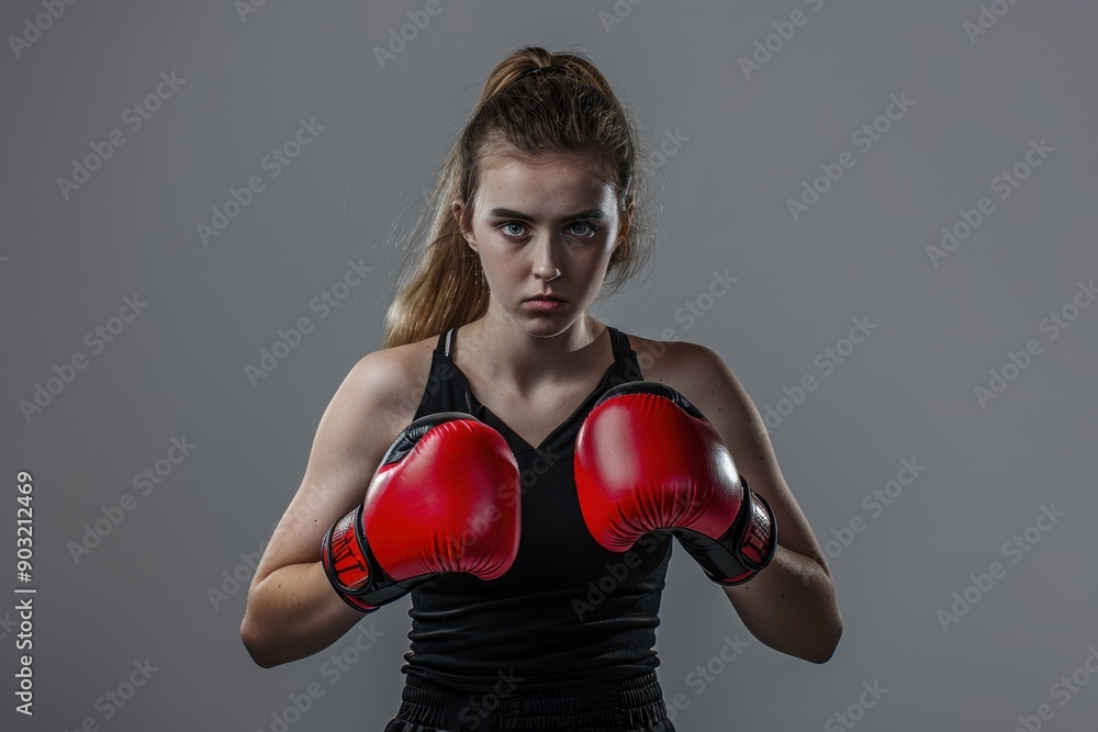 Young woman boxing in gloves on gray background. Young woman boxing in gloves on gray background.