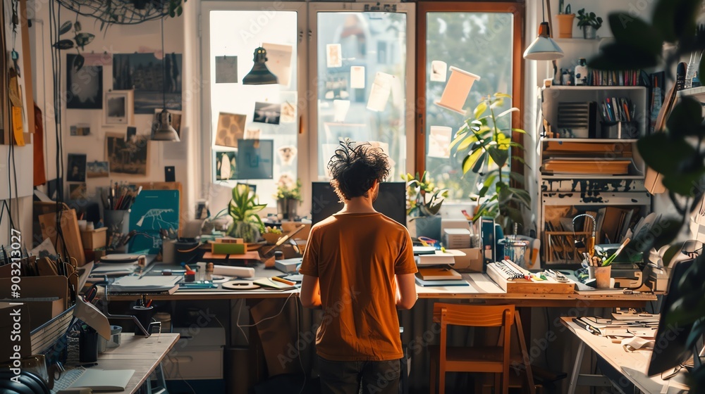 An artist standing in their studio, looking out at the city. The studio is full of plants, art supplies, and other creative materials. An artist standing in their studio, looking out at the city. The studio is full of plants, art supplies, and other creative materials.
