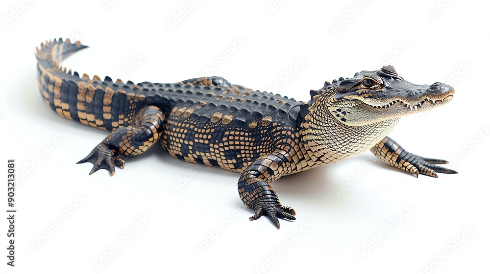 Naklejka premium A detailed image of an alligator with dark green and yellow scales.