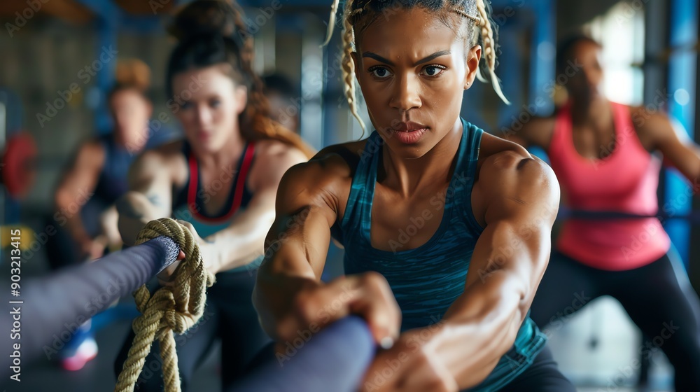 A group of women are working out in a gym. They are all wearing athletic clothing and are using various exercise equipment. A group of women are working out in a gym. They are all wearing athletic clothing and are using various exercise equipment.