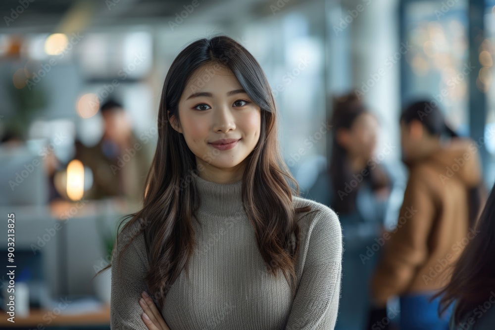Asian woman smiling in office with coworkers in background. Asian woman smiling in office with coworkers in background.
