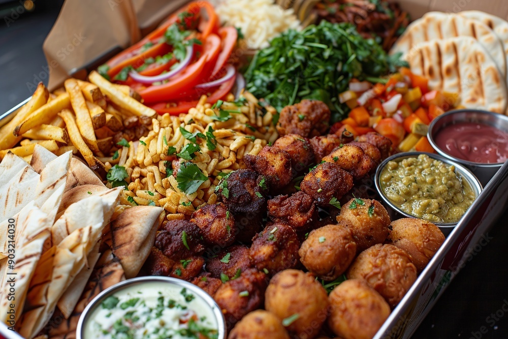 This mouth-watering frybox is filled with golden fries, juicy chicken pieces, perfectly fried potato balls, fluffy pita bread, and a variety of fresh vegetables, presented in an inviting This mouth-watering frybox is filled with golden fries, juicy chicken pieces, perfectly fried potato balls, fluffy pita bread, and a variety of fresh vegetables, presented in an inviting
