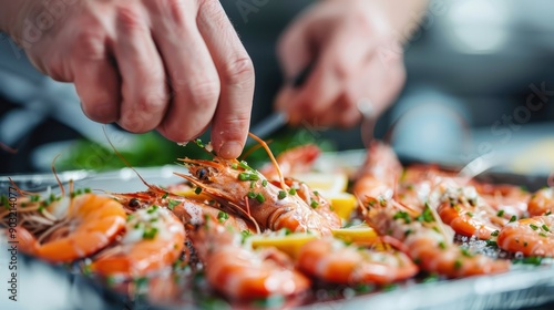 A chef is finishing a platter of cooked shrimps with fresh herbs and spices, highlighting the attention to detail and culinary expertise involved in seafood presentation.