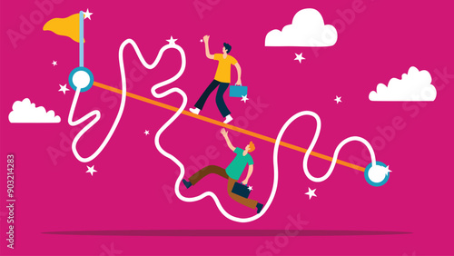 Vector illustration of two people following a winding path towards a success flag on a balancing beam. The vibrant pink background 