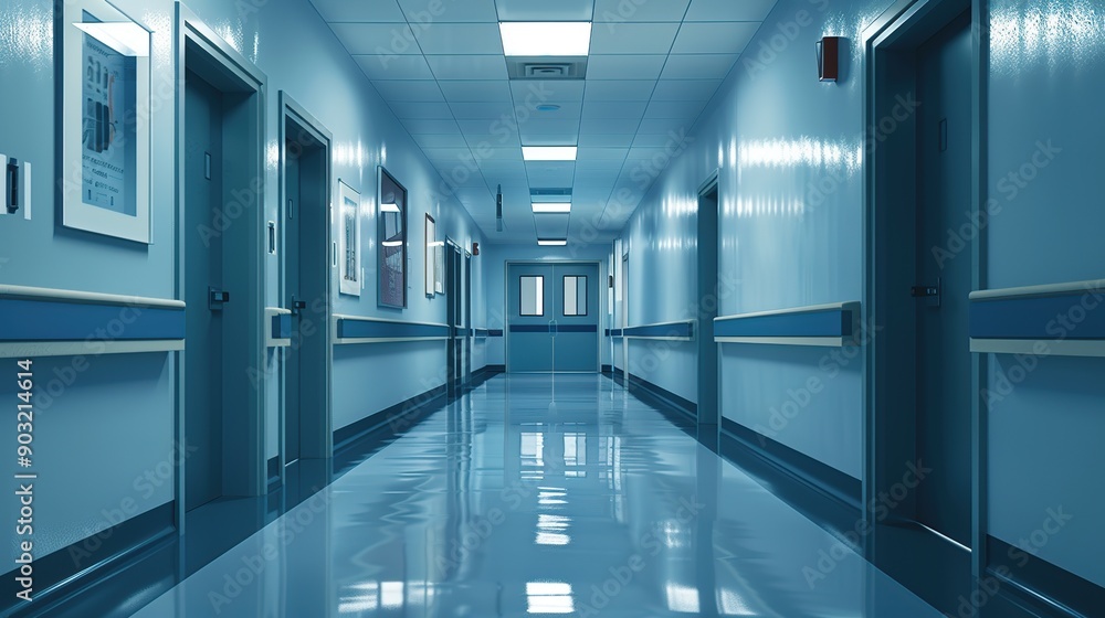 Fototapeta premium Hospital Corridor with Blue Walls and Shiny Floor