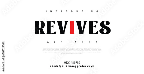 Revives Creative modern alphabet. Dropped stunning font, type for futuristic logo, headline, creative lettering and maxi typography. Minimal style letters with yellow spot. Vector typographic design