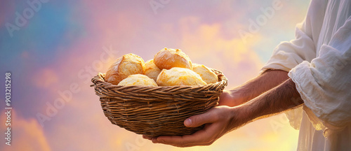 closeup, hands holding basket with bread  photo