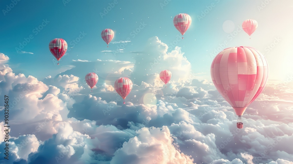 Obraz premium Hot air balloons flying above fluffy clouds during sunrise, creating serene and dreamy atmosphere