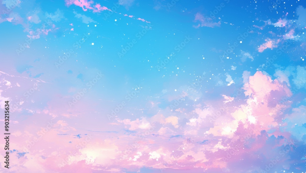 Anime-Style Poster Design with Pink and Blue Sky, Pastel Background, and Dreamy Cloudscape Featuring Bokeh Panorama and Retro-Futuristic Colors Anime-Style Poster Design with Pink and Blue Sky, Pastel Background, and Dreamy Cloudscape Featuring Bokeh Panorama and Retro-Futuristic Colors