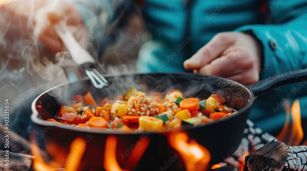 A wholesome vegetarian dish with fresh vegetables like carrots, zucchini, and bell peppers being cooked in a cast iron skillet over an open campfire, with steam rising visibly. A wholesome vegetarian dish with fresh vegetables like carrots, zucchini, and bell peppers being cooked in a cast iron skillet over an open campfire, with steam rising visibly.