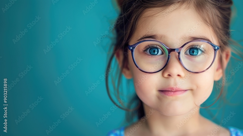 Caucasian girl with glasses smiling in front of blue background Caucasian girl with glasses smiling in front of blue background