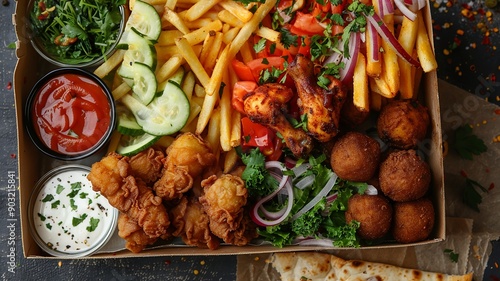 This mouth-watering frybox is filled with golden fries, juicy chicken pieces, perfectly fried potato balls, fluffy pita bread, and a variety of fresh vegetables, presented in an inviting  photo