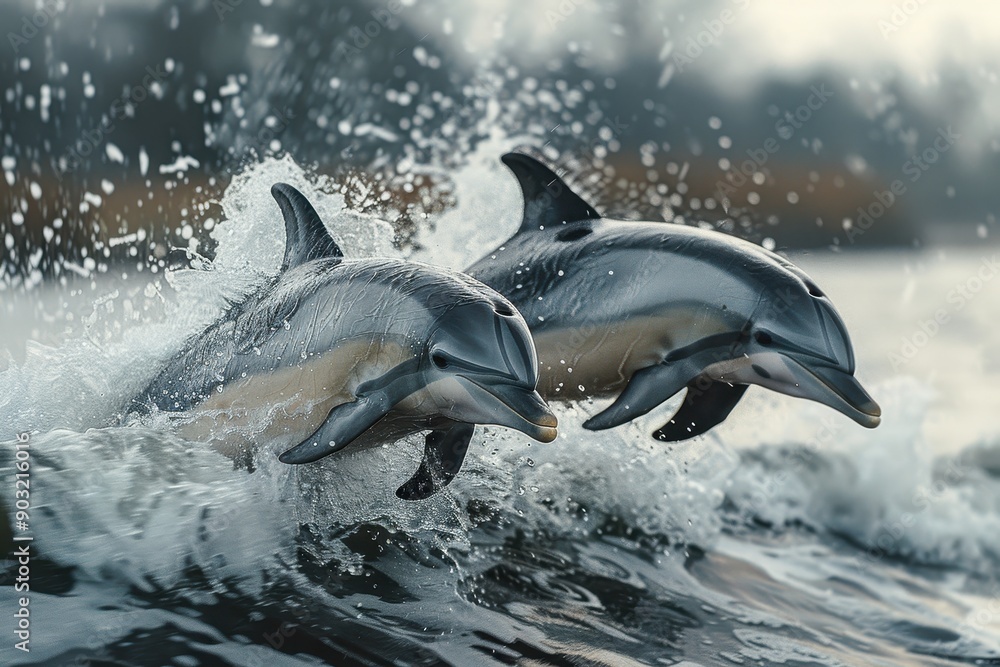 Obraz premium Dolphins Leaping Out of the Water on Top of Large Ocean Waves - 8K Real Photo Capturing Dynamic Movement
