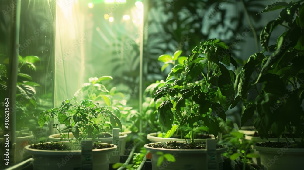 Indoor plants growing in pots, illuminated by artificial lights. Indoor plants growing in pots, illuminated by artificial lights.