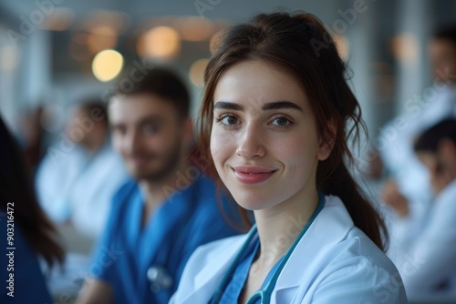 Female doctor smiling with colleagues in background.