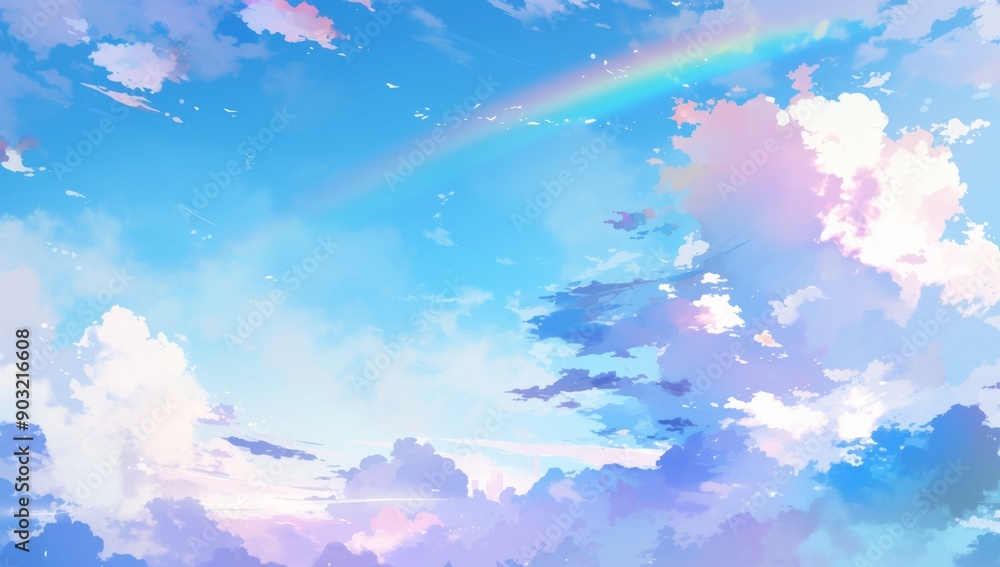 Naklejka premium Dreamy Sky with Pastel Clouds in Cloudpunk Aesthetic, with Rainbow Colors and Pink Theme