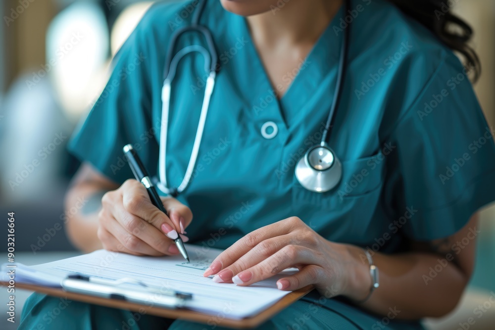 Female doctor taking notes on patient medical history and prescription. Female doctor taking notes on patient medical history and prescription.