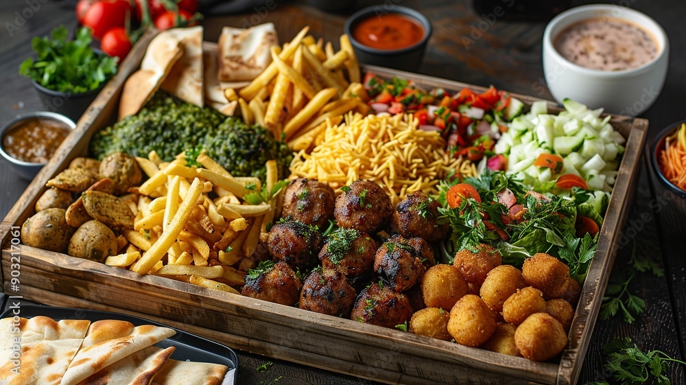 This mouth-watering frybox is filled with golden fries, juicy chicken pieces, perfectly fried potato balls, fluffy pita bread, and a variety of fresh vegetables, presented in an inviting This mouth-watering frybox is filled with golden fries, juicy chicken pieces, perfectly fried potato balls, fluffy pita bread, and a variety of fresh vegetables, presented in an inviting