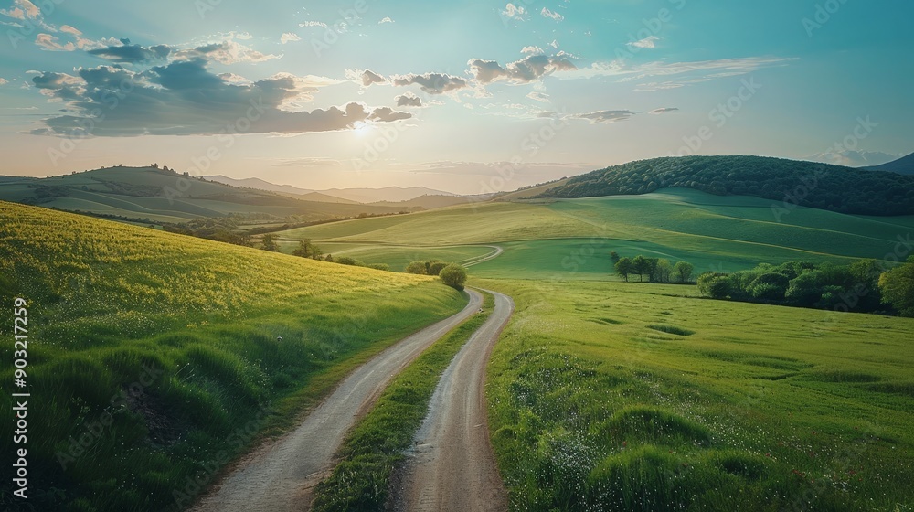 Tranquil countryside road winding through green fields and rolling hills, peaceful journey Tranquil countryside road winding through green fields and rolling hills, peaceful journey
