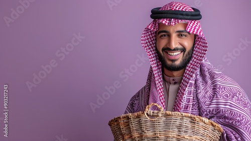 Smiling Arab Man in Traditional Clothing Holding a Basket