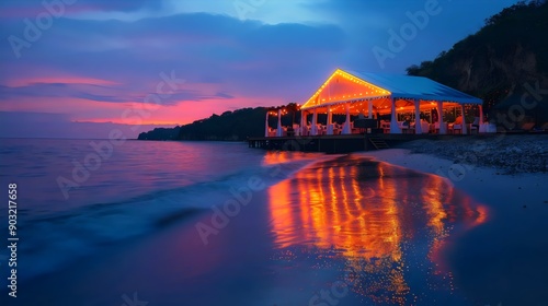 Fototapeta Naklejka Na Ścianę i Meble -  A beach with a large tent and a beautiful sunset in the background