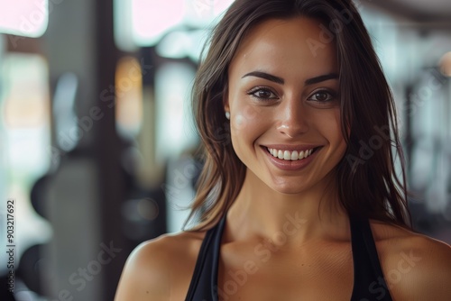 A fit muscular female personal trainer smiling at the camera in a gym, close up Free Download A fit muscular female personal trainer smiling at the camera in a gym, close up - GFXLoad