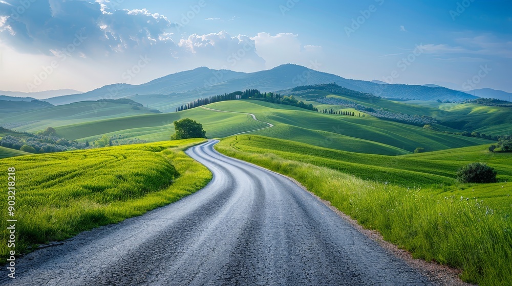 Tranquil countryside road winding through green fields and rolling hills, peaceful journey Tranquil countryside road winding through green fields and rolling hills, peaceful journey