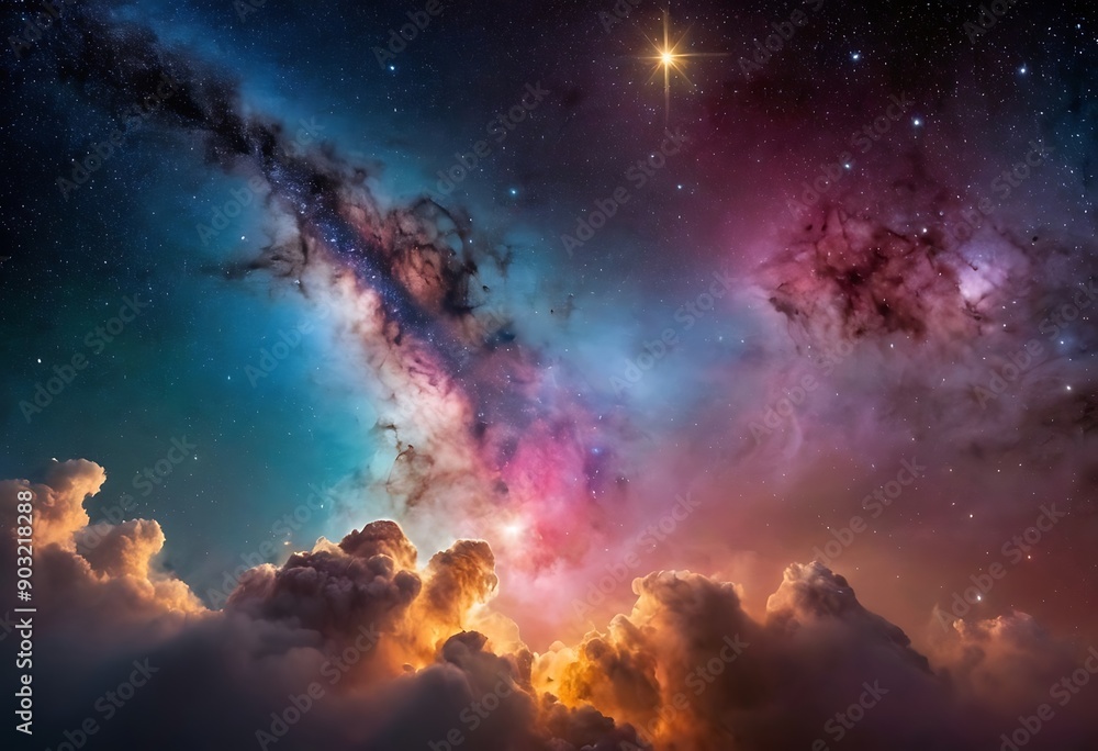 A dense cluster of young, bright stars surrounded by clouds of gas and dust, illuminating the space around them with vibrant colors. A dense cluster of young, bright stars surrounded by clouds of gas and dust, illuminating the space around them with vibrant colors.