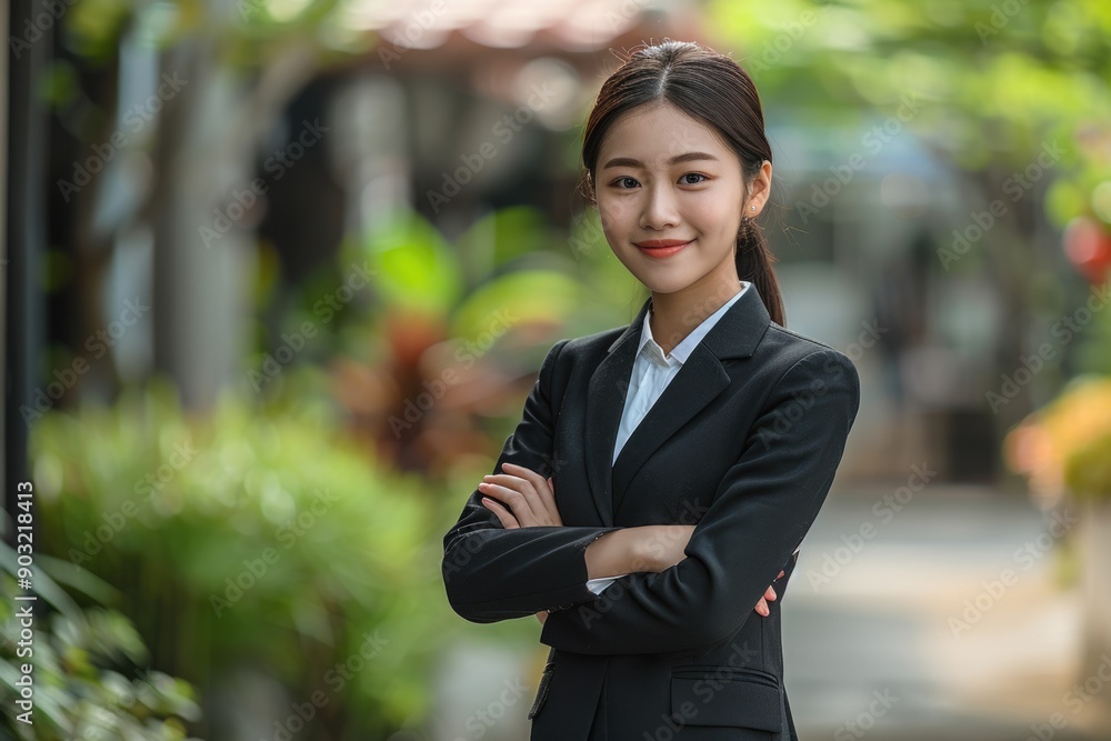 Asian professional female in black suit smiling outdoors. Asian professional female in black suit smiling outdoors.