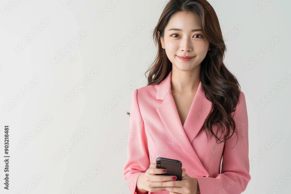 Young Asian professional woman in pink dress suit with smartphone. Young Asian professional woman in pink dress suit with smartphone.