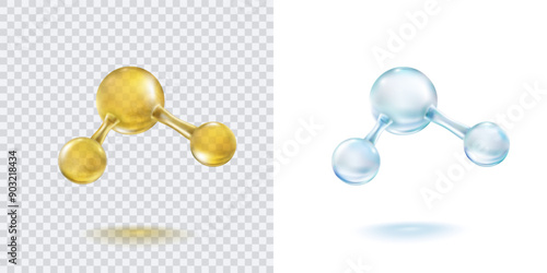 Molecule model set isolated on transparent background. Blue and gold oil molecular formula of water or science bubbles pattern. Vector 3d medical sphere, biotechnology elements
