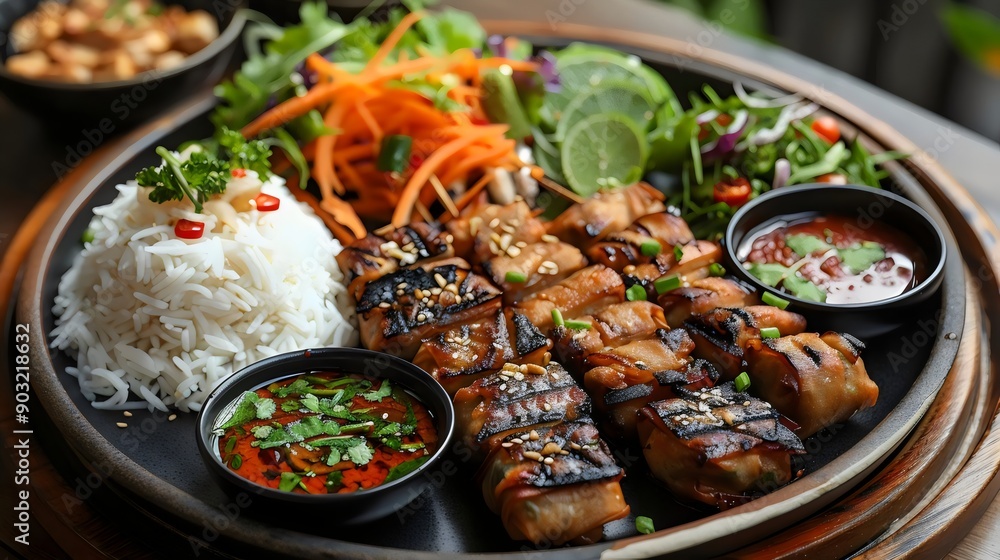 A plate of food with rice, vegetables, and meat A plate of food with rice, vegetables, and meat