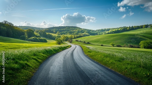 Tranquil countryside road winding through green fields and rolling hills, peaceful journey 