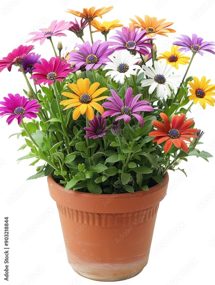Flower In Pot. Beautiful Bunch of Colorful Daisies Arrangement in Clay Pot on White Background Flower In Pot. Beautiful Bunch of Colorful Daisies Arrangement in Clay Pot on White Background
