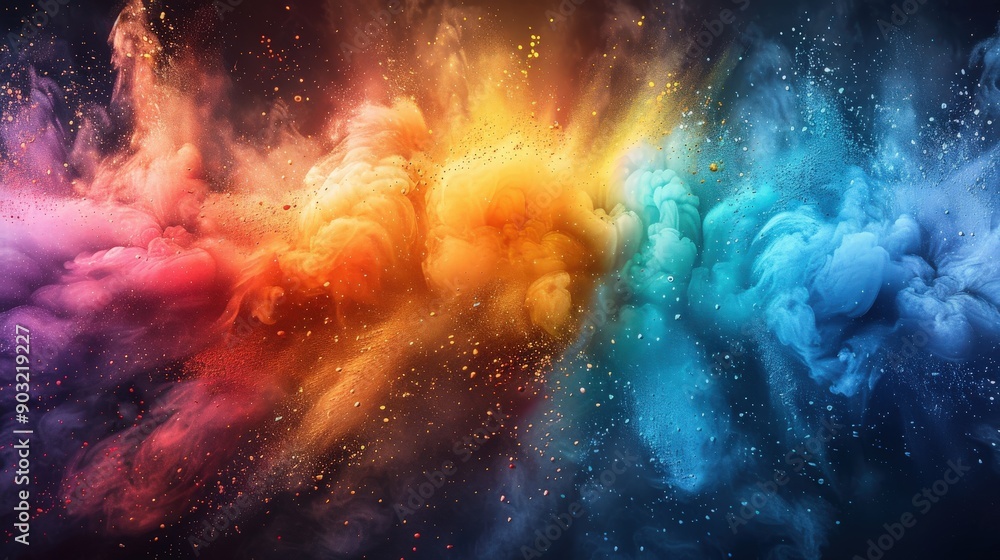 A vibrant background showcasing a rainbow-colored powder splash, with vivid paint bursts, dust clouds, and ink splatter effects on a clean white and black textured background A vibrant background showcasing a rainbow-colored powder splash, with vivid paint bursts, dust clouds, and ink splatter effects on a clean white and black textured background