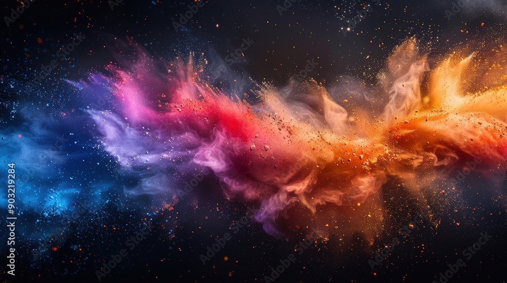 An energetic color powder splash in rainbow shades, featuring a dynamic abstract background with paint bursts, dust clouds, and ink splatter effects, set against a black spray and white texture An energetic color powder splash in rainbow shades, featuring a dynamic abstract background with paint bursts, dust clouds, and ink splatter effects, set against a black spray and white texture