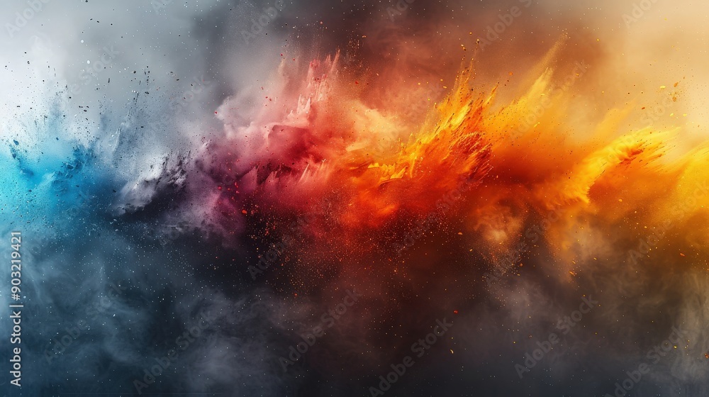 Obraz premium A high-resolution abstract design featuring a rainbow-colored powder splash, with dynamic paint bursts, dust clouds, and ink splatter effects on a white and black textured background