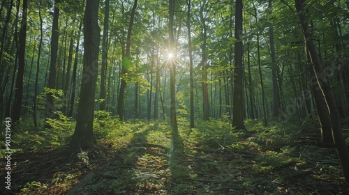 Tranquil forest with sunlight filtering through the trees, peaceful and serene