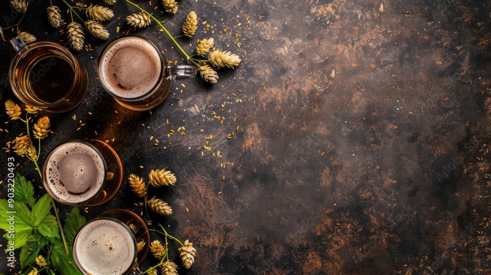 Various mugs of beer with hops and leaves on rustic background