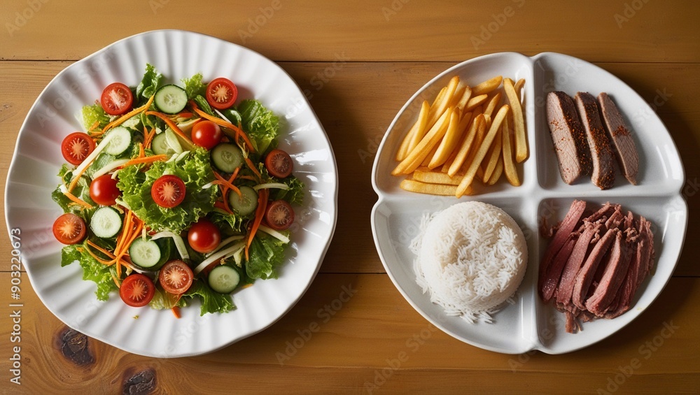 a white plate topped with a salad next to a plate of fries a white plate topped with a salad next to a plate of fries