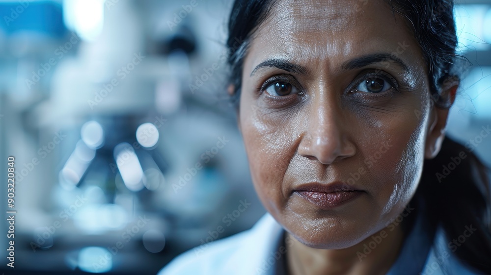 A close-up portrait of a middle-aged Indian female scientist A close-up portrait of a middle-aged Indian female scientist