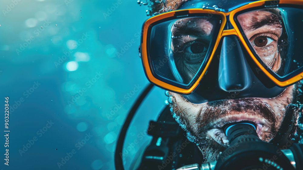 Scuba diver underwater in mask and gear with bubbles Scuba diver underwater in mask and gear with bubbles