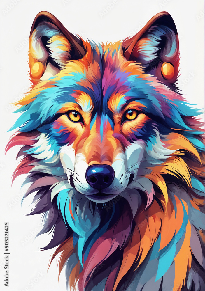 Naklejka premium Vibrant Stylized Wolf with Exaggerated Colors and Fur Patterns on White Background, Artistic Animal Illustration
