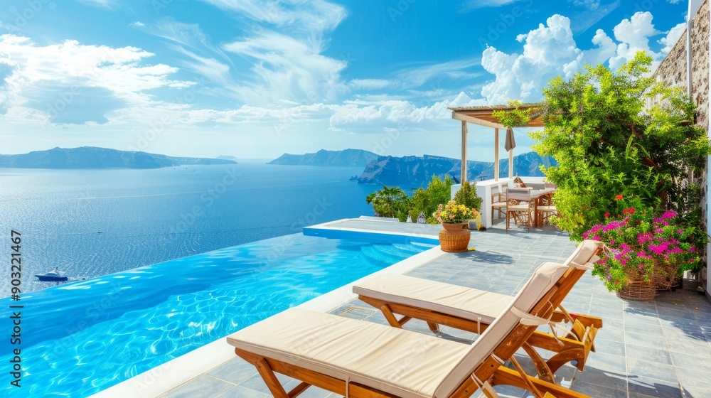 Greece. Santorini. Island Thira. Oia villa on the high bank. Sun loungers and a pool are available for sunny weather relaxation. The seascape Greece. Santorini. Island Thira. Oia villa on the high bank. Sun loungers and a pool are available for sunny weather relaxation. The seascape